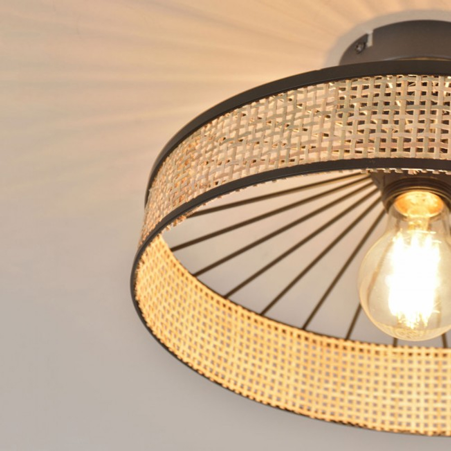 Suspension ZELIE Corep - Métal Noir Et Cannage Naturel - Hauteur 110 Cm - Ambiance Chaleureuse - Ampoule E27 - 10